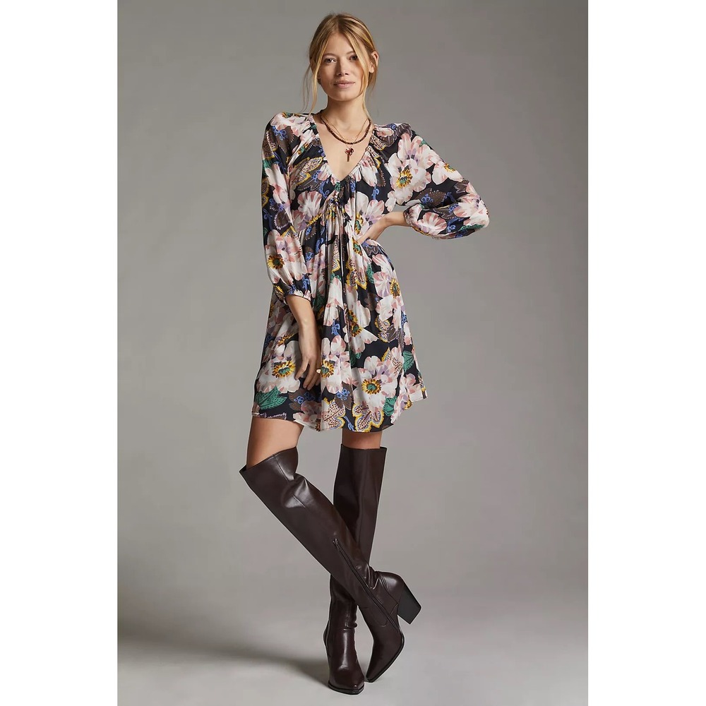 Anthropologie Floral Babydoll Mini Dress Womens Size M Black Multi Excellent
